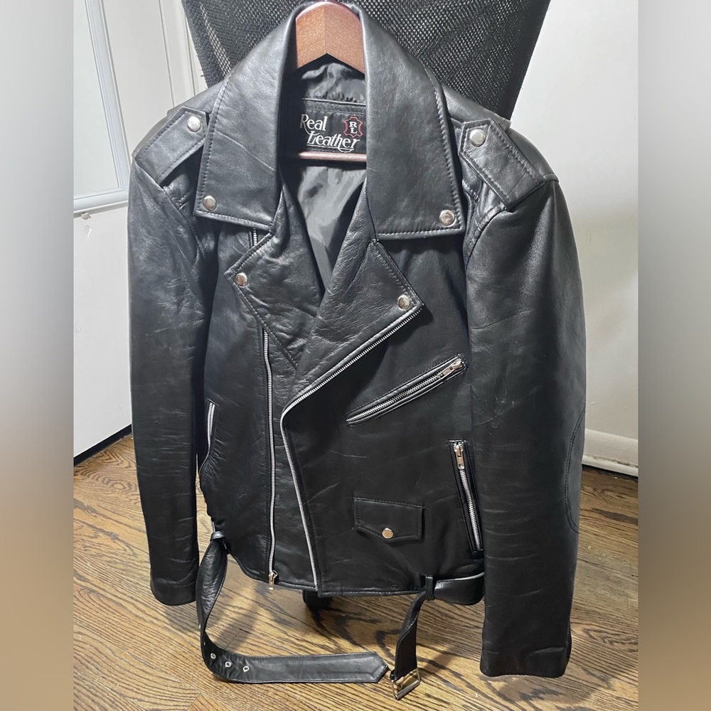 Men RL Real Leather Jacket Black Slim fit Biker jacket size S Men Slim fit